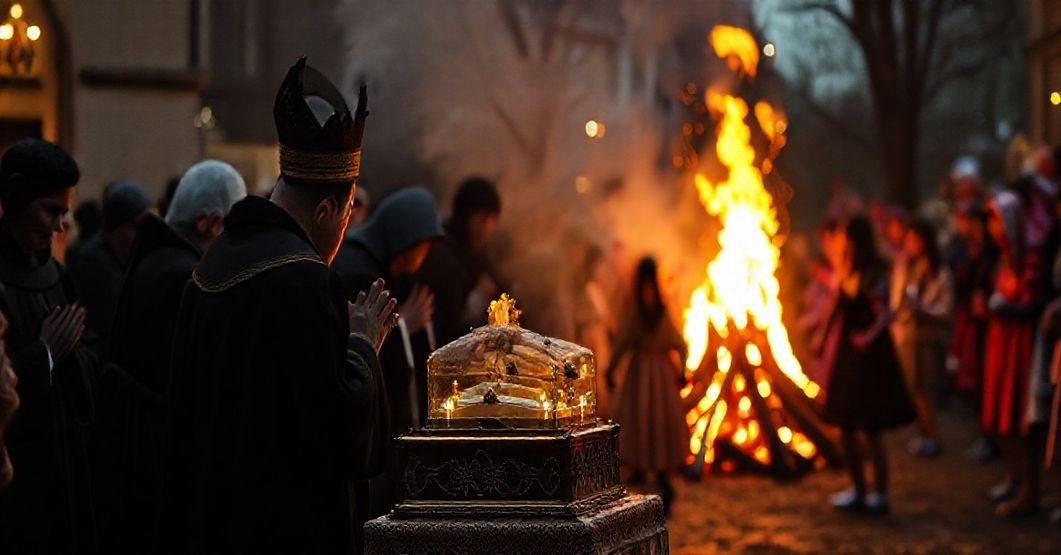 Poważna procesja katolicka z modlącymi więrzącymi przed relikwiami świętego, w tle niepoważna zabawa z przebranymi dziećmi i ogniem, symbolizująca profanację tradycji.