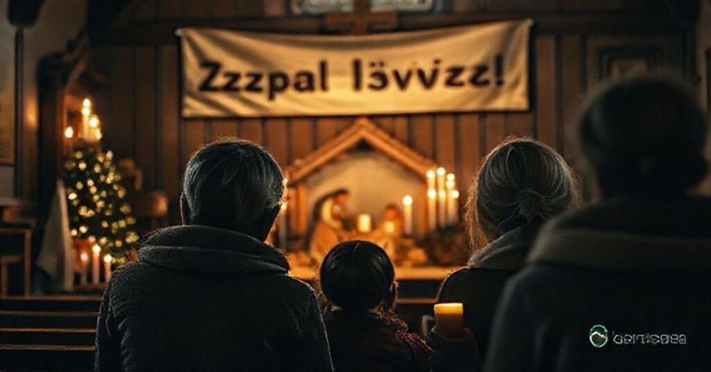 Katy przed bożonarodzeniową szopką w tradycyjnej parafii z zapaloną świecą, w tle widoczny zatarte baner Caritas wpływa na świętą atmosferę.