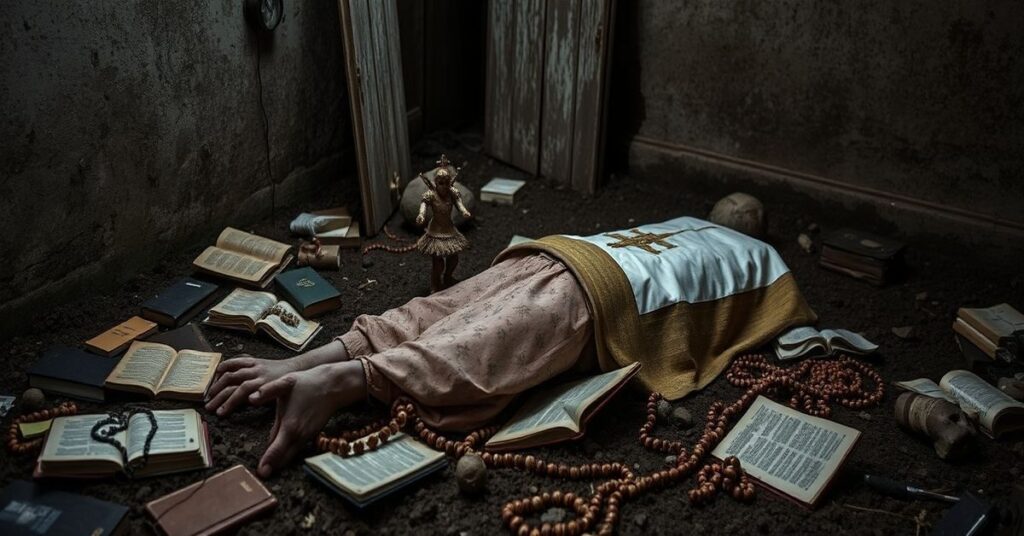 Obraz przedstawiający szczątki ludzkie odkryte w kaplicy w Młynach koło Buska-Zdroju, z akcentem na braku szacunku i zaniedbaniu tradycyjnych rytuałów katolickich.