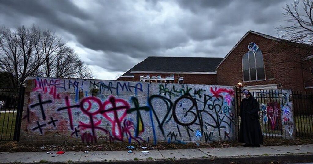 Scena przed katolicką szkołą Św. Piotra i Pawła w Easton (Maryland) ze sprayowanymi symbolami transpłciowymi przez Siana Radaskiewicza-Kinga. Widoczna jest profanacja sakralnej przestrzeni bez reakcji duchowieństwa.
