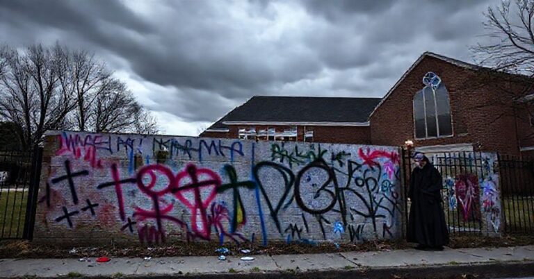 Scena przed katolicką szkołą Św. Piotra i Pawła w Easton (Maryland) ze sprayowanymi symbolami transpłciowymi przez Siana Radaskiewicza-Kinga. Widoczna jest profanacja sakralnej przestrzeni bez reakcji duchowieństwa.