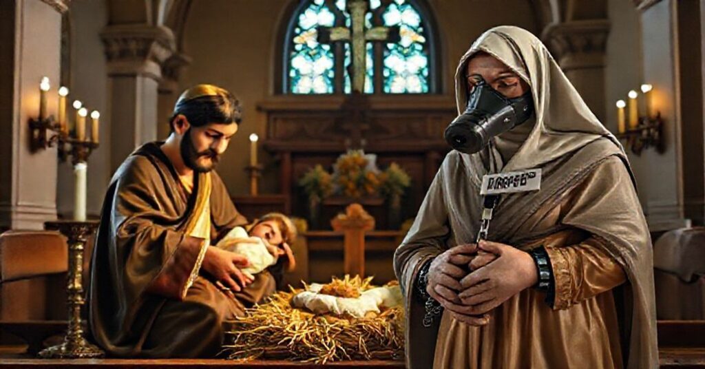 Tradycyjna katolicka szopka Bożego Narodzenia w kościele, przedstawiająca Świętą Rodzinę w nabożnej modlitwie, z kontrastującą profanatorską interpretacją polityczną.