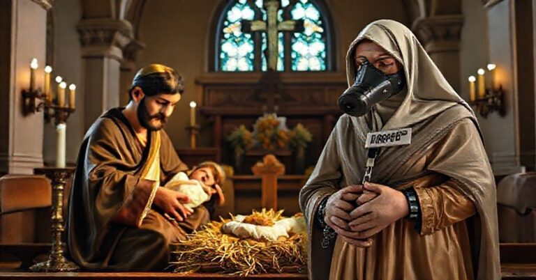 Tradycyjna katolicka szopka Bożego Narodzenia w kościele, przedstawiająca Świętą Rodzinę w nabożnej modlitwie, z kontrastującą profanatorską interpretacją polityczną.