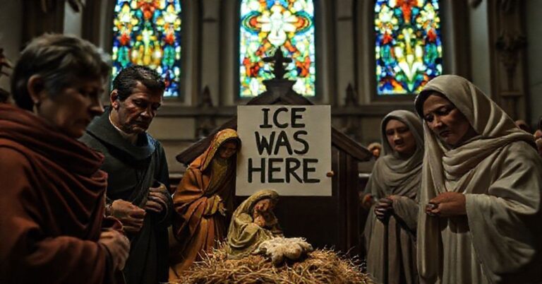 Obraz przedstawiający profanację szopki w parafii św. Zuzanny w Dedham (Massachusetts), gdzie figura Świętej Rodziny została zastąpiona politycznym hasłem 'ICE BYŁO TUTAJ' i wezwaniem do kontaktowania się z aktywistami. Scena wnętrza kościoła jest poważna i ponura.