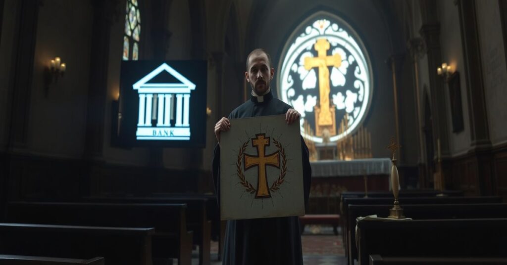 Katolicki artysta trzyma odrzucony projekt konkursu PEKAO ART_stories w kościele z symboliką profanacyjną.