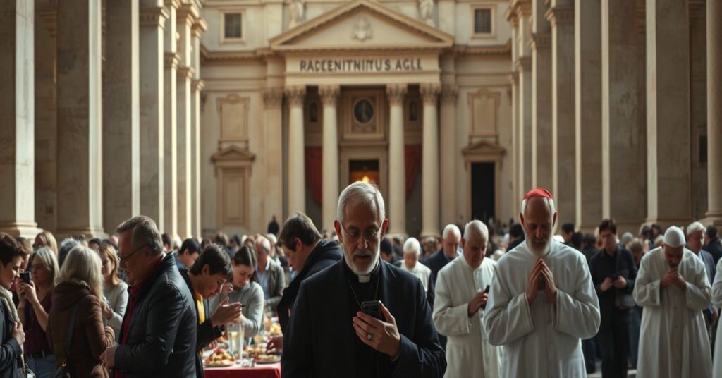Obraz przedstawiający taras Bazyliki Św. Piotra z profilaktyczną restauracją i pielgrzymami modlącymi się na tle