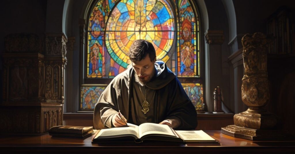 Młody seminariusz studiujący teologię w ciemnej kaplicy z nagrodą olimpijską w tle