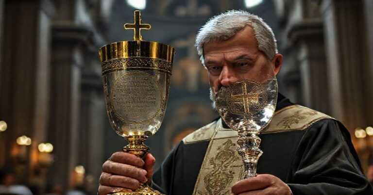 Obraz przedstawiający nowoczesny kielich i patenę z herezyjnymi symbolami w rękach księdza Palinury w Watykanie