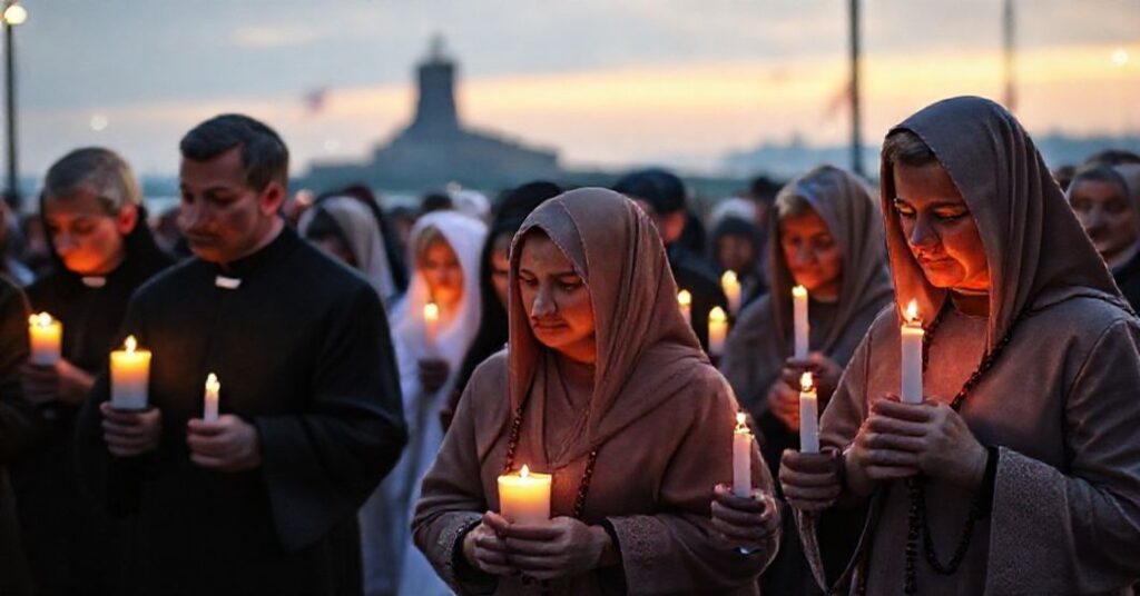 Parafia katolickich rodzin modlących się w Gdańsku przed Pomnikiem Westerplatte