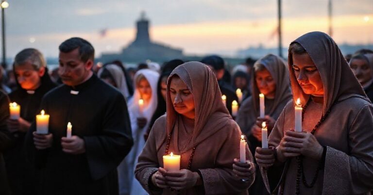 Parafia katolickich rodzin modlących się w Gdańsku przed Pomnikiem Westerplatte