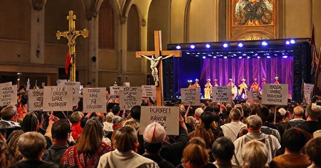 Obraz przedstawiający profanację Uroczystości Chrystusa Króla podczas ekumenicznego festiwalu młodzieżowego