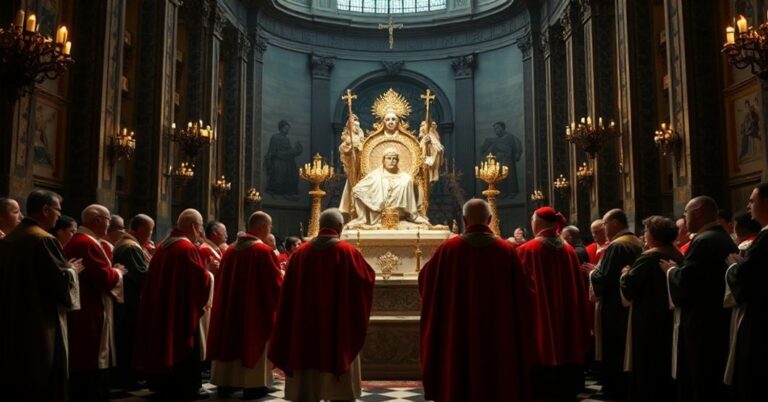 Grupa fałszywych duchownych uczestnicząca w profanacyjnej koncelebrze w Bazylice św. Piotra przy grobie fałszywego "świętego" Jana Pawła II