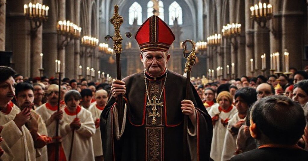 Kardynał Grzegorz Ryś podczas pseudoingresu na Wawelu w otoczeniu profanacyjnych symboli modernizmu