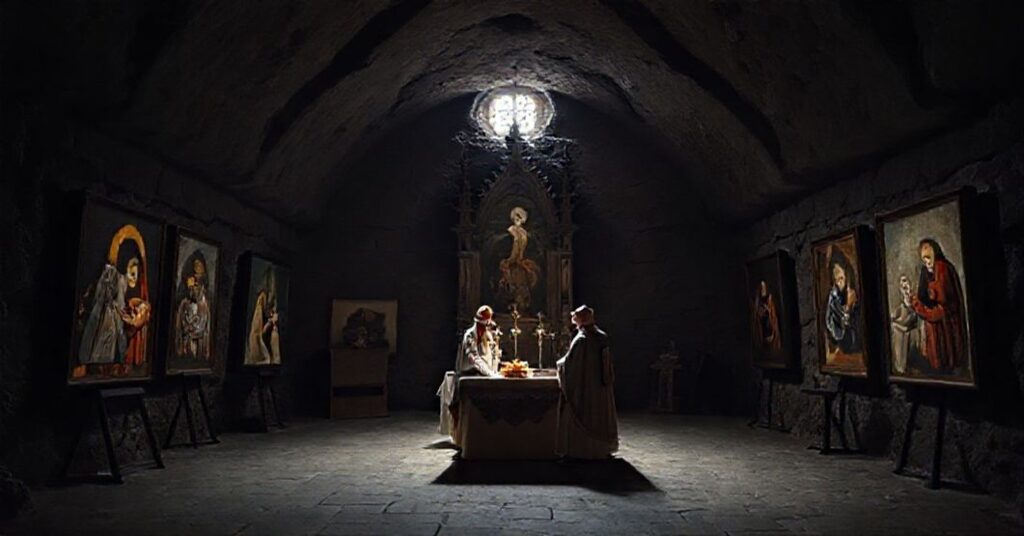 Ciemna i ponura scena w krypcie pod katedrą św. Floriana w Warszawie z profanowanymi obrazami przedstawiającymi Wcielenie