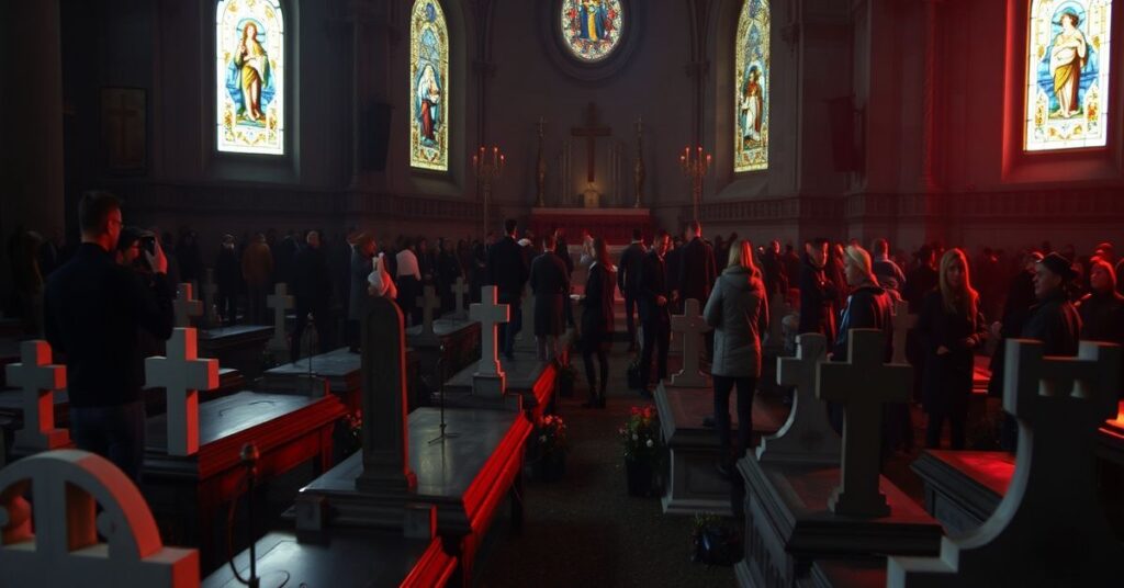 Kolebka świętego Karola Boromeusza w Wiedniu podczas profanacji przez 'silent disco', z tańczącymi ludźmi przy grobach i dźwiękami muzyki elektronicznej.