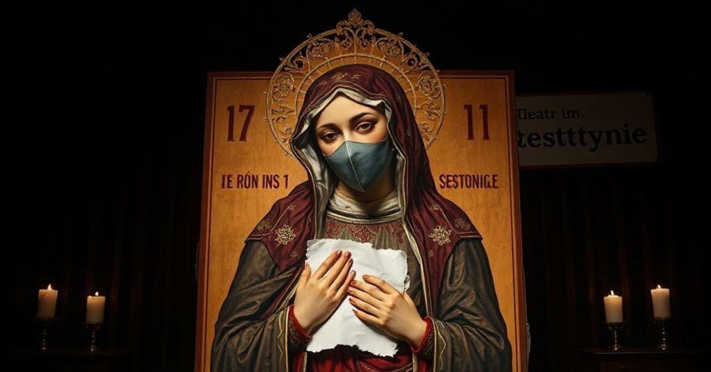 Obraz przedstawiający profanację wizerunku Matki Bożej Częstochowskiej na afiszu teatru w Olsztynie, promującego dramat o aborcji.