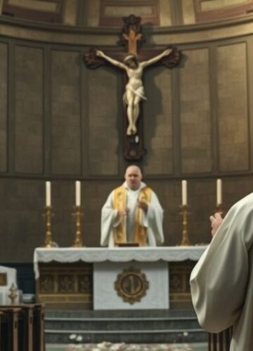 Kościół katolicki z profanacją ołtarza i krzyża – obraz apostazji Realistyczne zdjęcie kościoła katolickiego z uszkodzonym ołtarzem i zbezczeszczonym krzyżem, symbolizujące apostazję i profanację liturgii