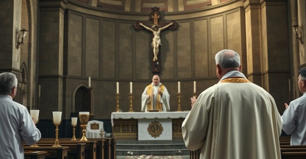 Realistyczne zdjęcie kościoła katolickiego z uszkodzonym ołtarzem i zbezczeszczonym krzyżem, symbolizujące apostazję i profanację liturgii