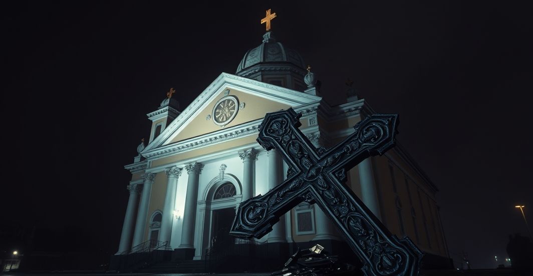 Realistyczne zdjęcie cerkwi z odciętym krzyżem, symboliczna profanacja w katolickim stylu, ukazujące powagę i duchowy wymiar aktu wandalizmu