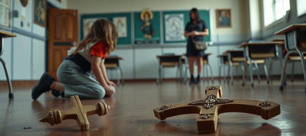 Pokrzywdzony krzyż plastikowy leży na podłodze szkolnej sali lekcyjnej, podczas gdy uczennica modli się z żalem i szacunkiem. Nauczycielka stoi w tle z obojętną miną. Scena symbolizuje profanację symboli religijnych w edukacji.