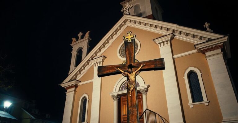 Realistyczny obraz zniszczonego krzyża na katolickiej świątyni w Legnicy, symbolizujący kontrowersję i profanację w kontekście katolickim