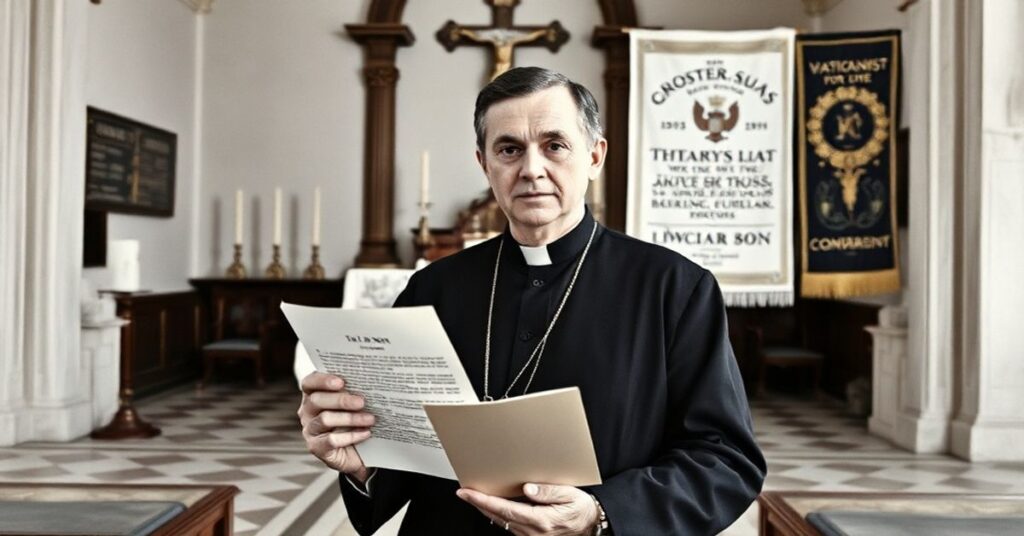 Profesor Raymond B. Marcin stoi w tradycyjnym kościele z listem skierowanym do Leona XIV, ilustrującym konflikt między tradycją a modernizmem soboru watykańskiego II.