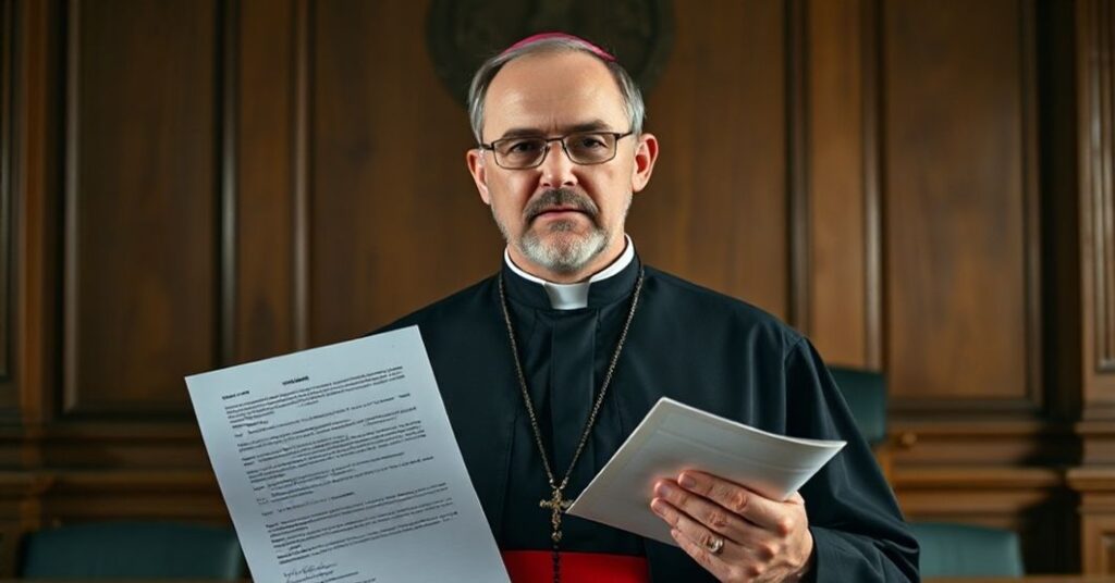 Portret profesora Adama Strzembosza w tradycyjnym stroju katolickim przed starodawnym salą sądową; trzyma dokument prawny i różaniec.