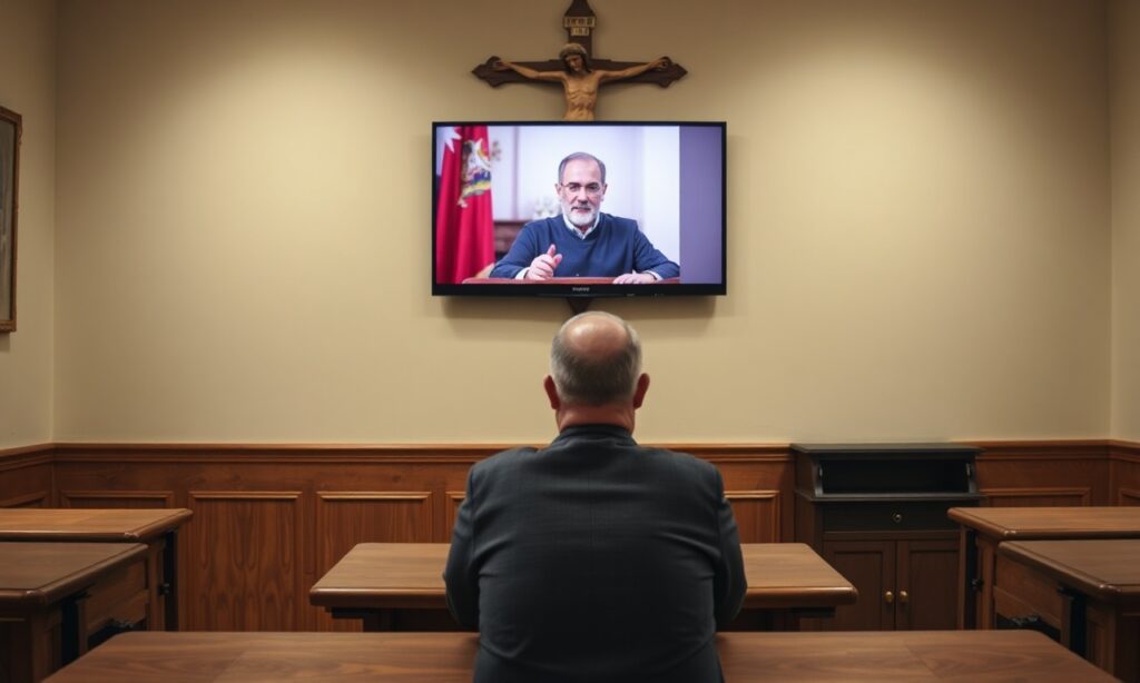 Obrázek klasy szkolnej z profesorem uczyć przez webcam na tle budynku Kapitolu stanu Kalifornia