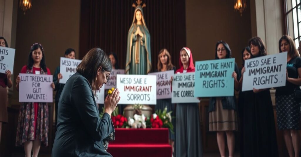 Scena modlitwy przed figurą Maryi Matki Bolesnej z grupą kobiet protestujących w tle.