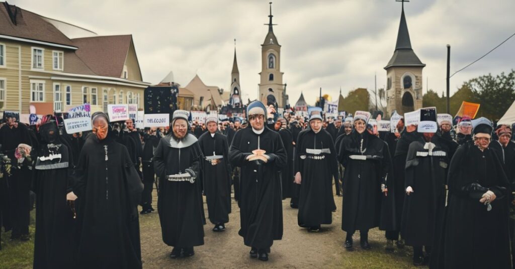 Prokurator Generalny Drew Wrigley prowadzi procesję katolicką przed siedzibą Funduszu Aborcyjnego Prerii (PAF), protestując przeciwko nielegalnym pigułkom aborcyjnym. Scena w małym mieście w Dakocie Północnej z tradycyjnymi kościołami na tle.