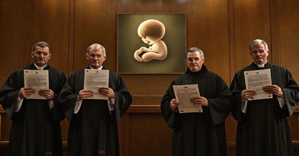 Grupa proaborcyjnych prokuratorów w płaszczach w sali sądowej, z dokumentami zawierającymi fałszywe naukowe twierdzenia.