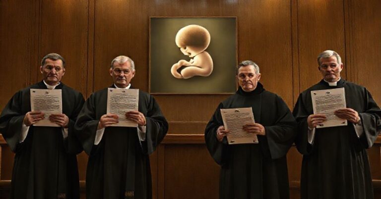 Grupa proaborcyjnych prokuratorów w płaszczach w sali sądowej, z dokumentami zawierającymi fałszywe naukowe twierdzenia.