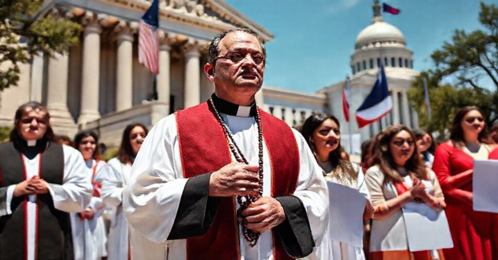 Ksiądz katolicki w tradycyjnych szatach liturgicznych modli się przed budynkiem sądu w Teksasie podczas protestu przeciw aborcji. Grupa młodych kobiet w modlitewnej postawie symbolizuje walkę o świętość życia.