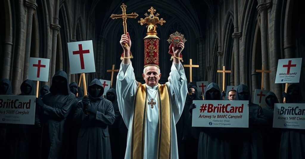 Grupa demonstranckiej przeciw cyfrowemu dowodowi tożsamości BritCard z księdzem podnoszącym monstrancję w centrum miasta