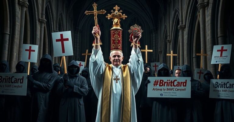 Grupa demonstranckiej przeciw cyfrowemu dowodowi tożsamości BritCard z księdzem podnoszącym monstrancję w centrum miasta
