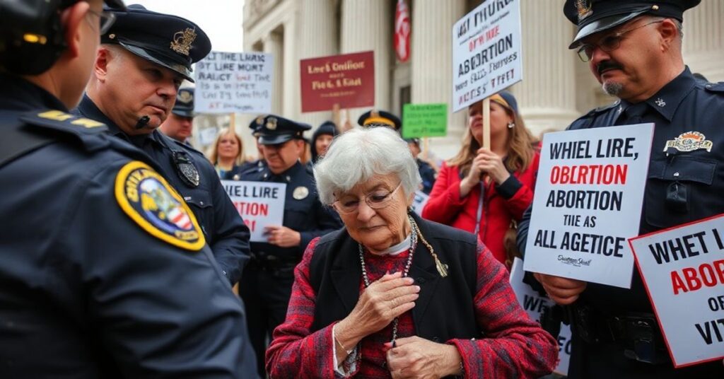 Starsza kobieta modli się na różańcach podczas aresztowania przez policję w Waszyngtonie podczas protestu antyaborcyjnego w perspektywie sedewakantystów