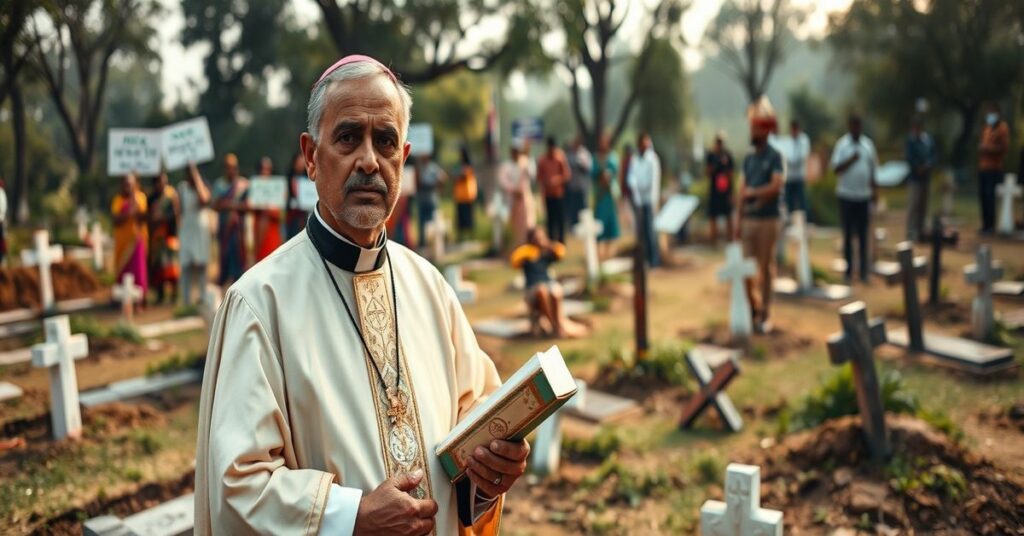 Arcybiskup Victor Henry Thakur stoi przed zdewastowanym chrześcijańskim cmentarzem w Chhattisgarh w Indiach. Scena przedstawia zaburzone groby z przewróconymi krzyżami i wściekłymi mieszkańcami trzymającymi antychrześcijańskie plakaty.