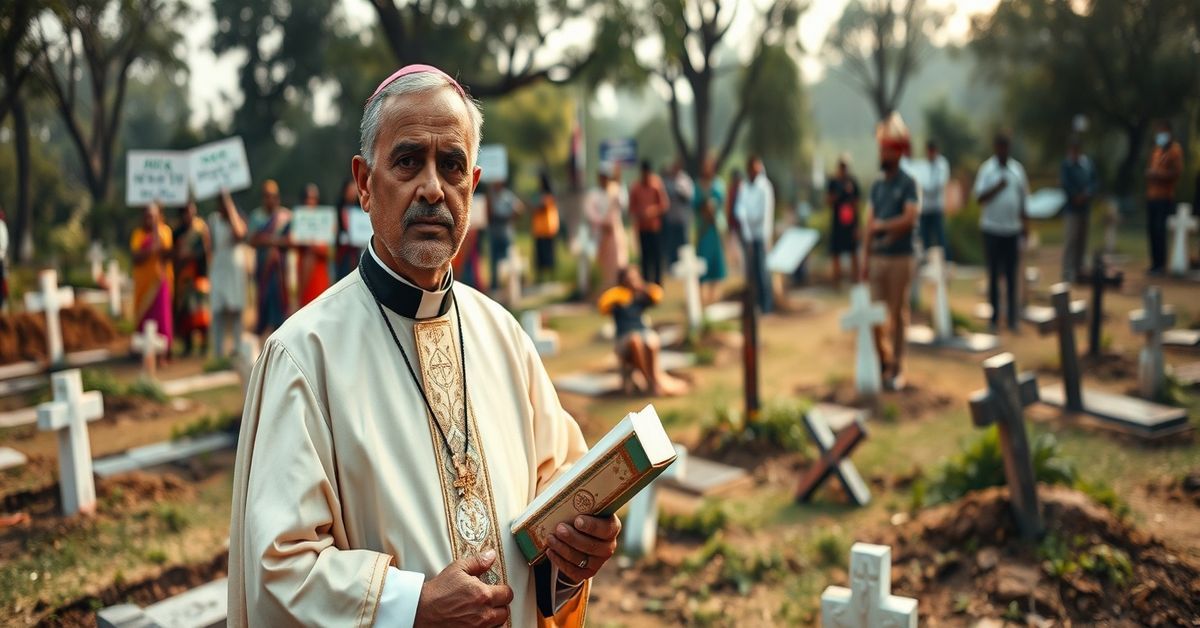 Arcybiskup Victor Henry Thakur stoi przed zdewastowanym chrześcijańskim cmentarzem w Chhattisgarh w Indiach. Scena przedstawia zaburzone groby z przewróconymi krzyżami i wściekłymi mieszkańcami trzymającymi antychrześcijańskie plakaty.