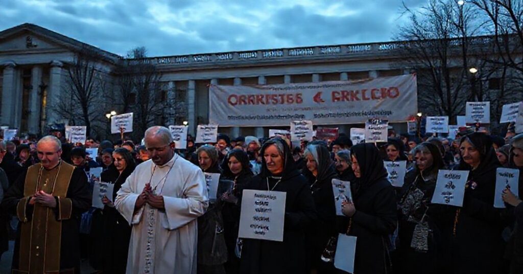 Grupa katolików protestuje przed budynkiem rządowym przeciwko marnotrawstwu publicznych środków na antykatolickie media.