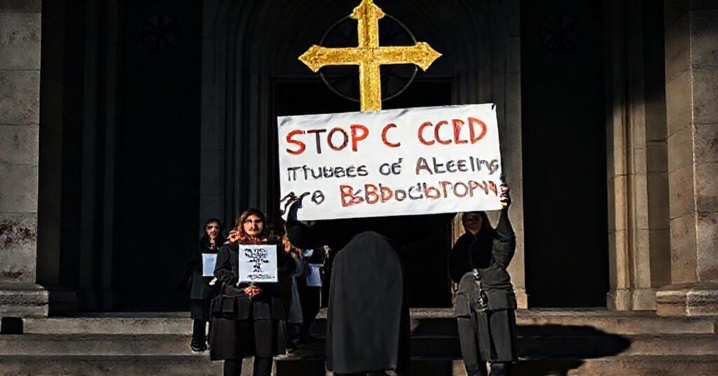 Grupa katolików protestuje przed modernistycznym kościołem z symbolami neopogańskimi, domagając się zaprzestania finansowania aborcji przez CCHD