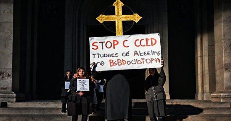 Grupa katolików protestuje przed modernistycznym kościołem z symbolami neopogańskimi, domagając się zaprzestania finansowania aborcji przez CCHD