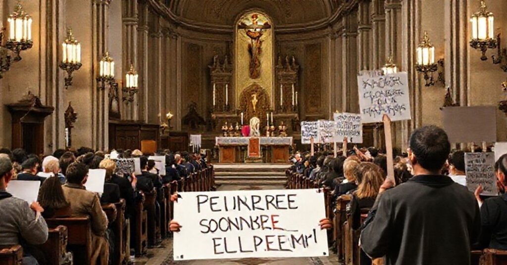 Wnętrze tradycyjnego kościoła katolickiego w Paryżu z protestami przeciwko ekumenizmowi Taizé.
