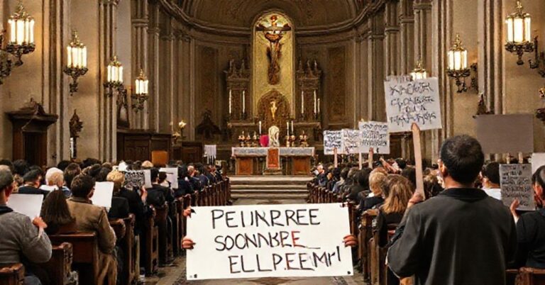 Wnętrze tradycyjnego kościoła katolickiego w Paryżu z protestami przeciwko ekumenizmowi Taizé.