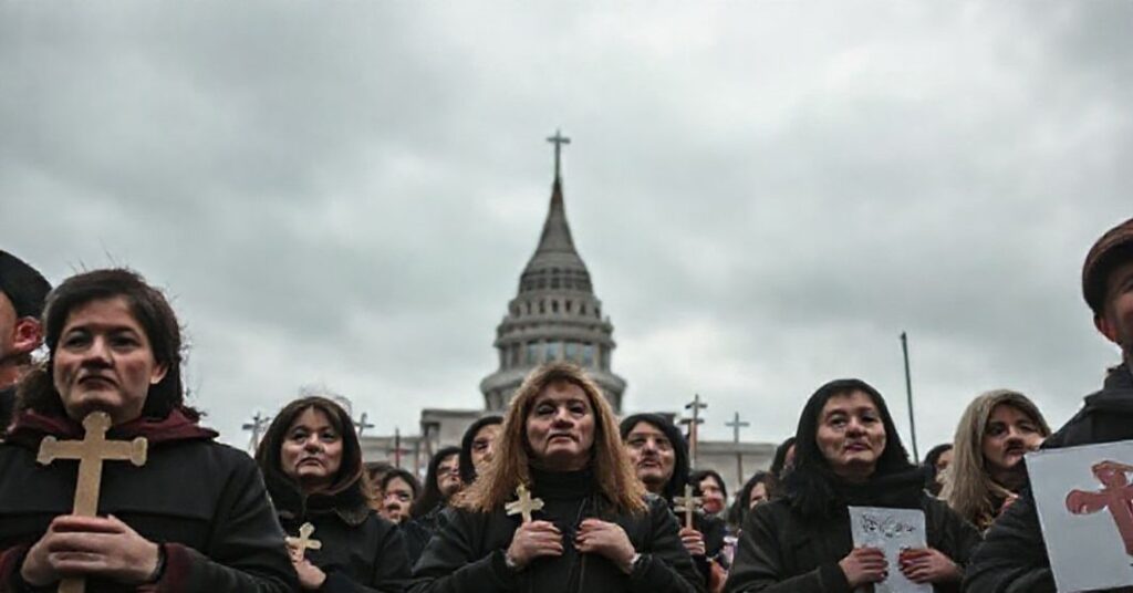 Grupa katolickich protestujących pod rządami Kanady z krzyżami i obrazami Najświętszego Serca Jezusa