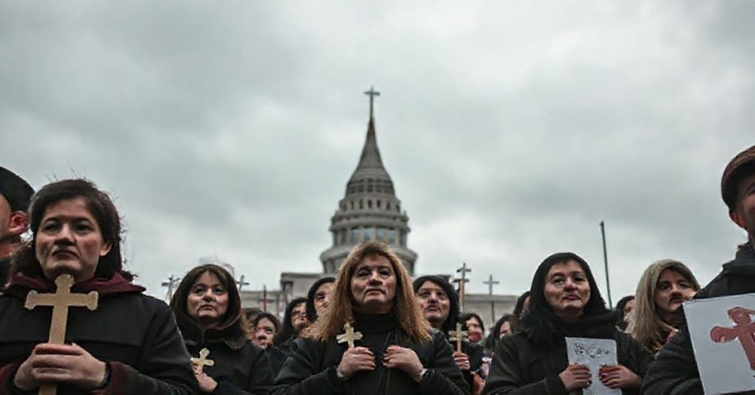 Grupa katolickich protestujących pod rządami Kanady z krzyżami i obrazami Najświętszego Serca Jezusa
