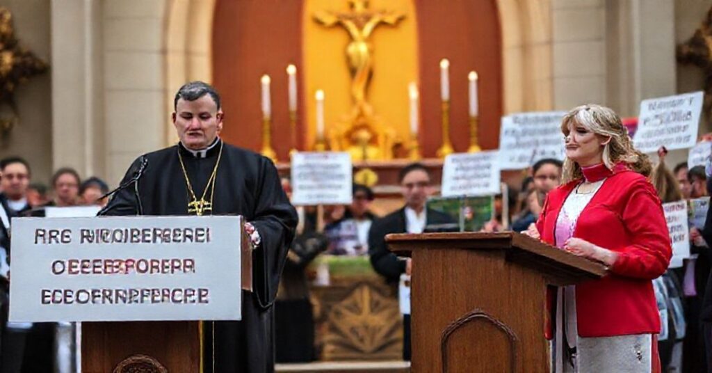 Scena protestu katolickiego przed posiedzeniem rady szkolnej w Maryland - rodzice i duchowni protestują przeciwko książkom LGBT