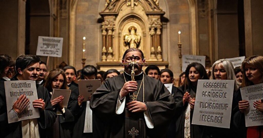 Protest katolicki przeciwko aborcji farmaceutycznej z udziałem księży i wiernych w tradycyjnych szatach liturgicznych