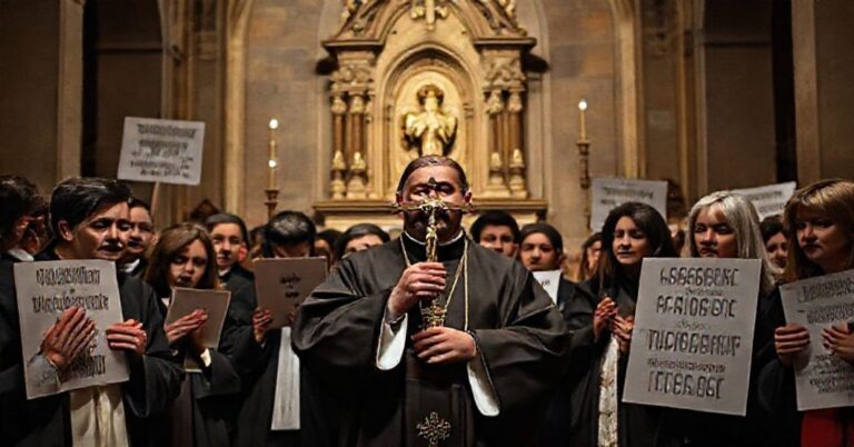 Protest katolicki przeciwko aborcji farmaceutycznej z udziałem księży i wiernych w tradycyjnych szatach liturgicznych