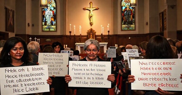 Zdjęcie przedstawiające wnętrze kościoła katolickiego z tradycyjnym ołtarzem i krzyżem, na pierwszym planie protestujący katolicy przeciwko finansowaniu marksistowskich i pro-LGBT organizacji przez CCHD.