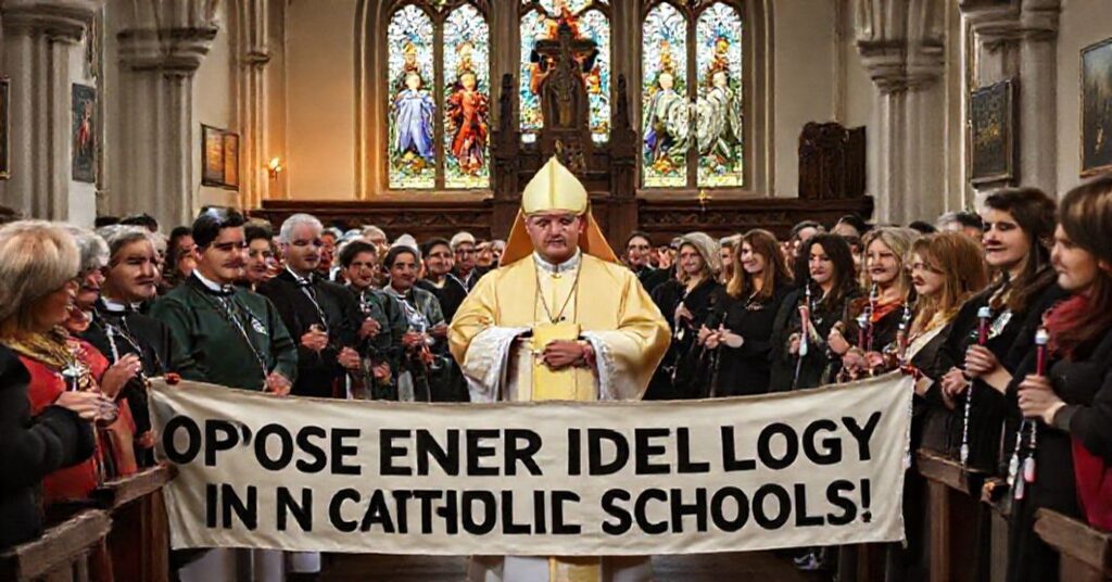 Grupa wiernych katolickich protestuje przeciwko ideologii gender w szkołach katolickich w Niemczech. Scena rozgrywa się w tradycyjnym kościele z błogosławieństwem tradycyjnego biskupa.